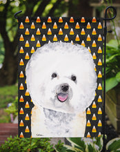 Load image into Gallery viewer, Bichon Frise Candy Corn Halloween Portrait Garden Flag – Decorative Outdoor Yard Flag