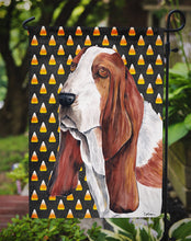 Load image into Gallery viewer, Basset Hound Candy Corn Halloween Portrait Garden Flag – Decorative Outdoor Yard Flag
