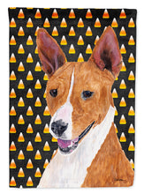 Load image into Gallery viewer, Basenji Candy Corn Halloween Portrait Garden Flag – Decorative Outdoor Yard Flag