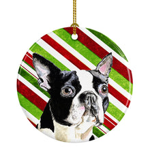 Load image into Gallery viewer, Boston Terrier Candy Cane Holiday Christmas  Ornament - Round Ceramic Ornament – Artist-Designed Keepsake Decoration SC9320