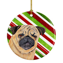 Load image into Gallery viewer, Pug Candy Cane Holiday Christmas  Ornament - Round Ceramic Ornament – Artist-Designed Keepsake Decoration SC9331