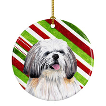 Load image into Gallery viewer, Shih Tzu Candy Cane Holiday Christmas  Ornament - Round Ceramic Ornament – Artist-Designed Keepsake Decoration SC9343