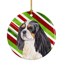 Load image into Gallery viewer, Cavalier Spaniel Candy Cane Holiday Christmas  Ornament - Round Ceramic Ornament – Artist-Designed Keepsake Decoration SC9351
