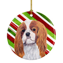Load image into Gallery viewer, Cavalier Spaniel Candy Cane Holiday Christmas  Ornament - Round Ceramic Ornament – Artist-Designed Keepsake Decoration SC9354