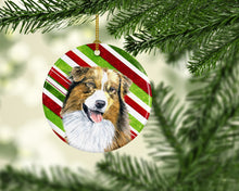 Load image into Gallery viewer, Australian Shepherd Candy Cane Holiday Christmas  Ornament - Round Ceramic Ornament – Artist-Designed Keepsake Decoration SC9357