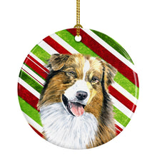 Load image into Gallery viewer, Australian Shepherd Candy Cane Holiday Christmas  Ornament - Round Ceramic Ornament – Artist-Designed Keepsake Decoration SC9357