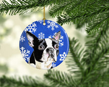 Load image into Gallery viewer, Boston Terrier Winter Snowflakes Holiday Ornament - Round Ceramic Ornament – Artist-Designed Keepsake Decoration SC9360
