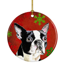 Load image into Gallery viewer, Boston Terrier Red Snowflakes Holiday Christmas Ornament - Round Ceramic Ornament – Artist-Designed Keepsake Decoration SC9400