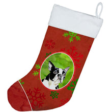 Load image into Gallery viewer, Boston Terrier Red and Green Snowflakes Holiday  Christmas Stocking