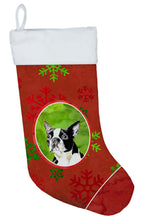 Load image into Gallery viewer, Boston Terrier Red and Green Snowflakes Holiday  Christmas Stocking