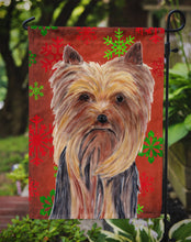 Load image into Gallery viewer, Yorkie Red and Green Snowflakes Holiday Christmas Garden Flag – Decorative Outdoor Yard Flag