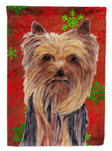 Load image into Gallery viewer, Yorkie Red and Green Snowflakes Holiday Christmas Garden Flag – Decorative Outdoor Yard Flag