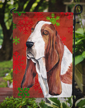 Load image into Gallery viewer, Basset Hound Red and Green Snowflakes Holiday Christmas Garden Flag – Decorative Outdoor Yard Flag