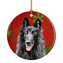 Load image into Gallery viewer, Belgian Sheepdog Red Snowflakes Holiday Christmas Ornament - Round Ceramic Ornament – Artist-Designed Keepsake Decoration SC9438