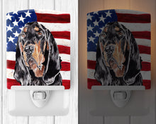 Load image into Gallery viewer, Black and Tan Coonhound with American Flag Ceramic Night Light SC9511CNL