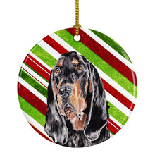 Load image into Gallery viewer, Black and Tan Coonhound Candy Cane Christmas Ornament - Round Ceramic Ornament – Artist-Designed Keepsake Decoration SC9609CO1