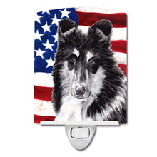Load image into Gallery viewer, Black and White Collie with American Flag USA Ceramic Night Light SC9630CNL