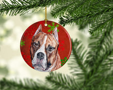 Load image into Gallery viewer, Staffordshire Bull Terrier Staffie Red Snowflakes Holiday Ornament - Round Ceramic Ornament – Artist-Designed Keepsake Decoration SC9752CO1