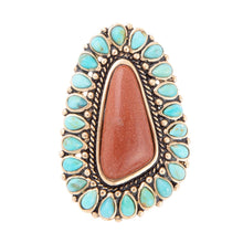 Load image into Gallery viewer, Sedona Blue Turquoise Orange Goldstone Golden Statement Ring