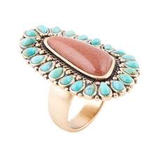 Load image into Gallery viewer, Sedona Blue Turquoise Orange Goldstone Golden Statement Ring
