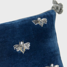 Load image into Gallery viewer, Embroidered pretty bug pillow, slate blue cotton velvet