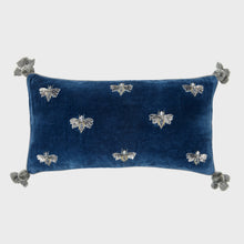Load image into Gallery viewer, Embroidered pretty bug pillow, slate blue cotton velvet