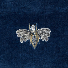 Load image into Gallery viewer, Embroidered pretty bug pillow, slate blue cotton velvet