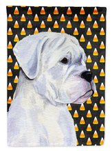 Load image into Gallery viewer, Boxer White Candy Corn Halloween Portrait Flag Canvas House Size