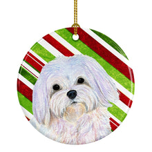 Load image into Gallery viewer, Maltese Candy Cane Holiday Christmas Ornament - Round Ceramic Ornament – Artist-Designed Keepsake Decoration SS4551