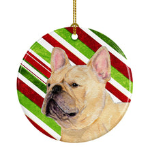 Load image into Gallery viewer, French Bulldog Candy Cane Holiday Christmas Ornament - Round Ceramic Ornament – Artist-Designed Keepsake Decoration SS4554