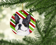 Load image into Gallery viewer, Boston Terrier Candy Cane Holiday Christmas Ornament - Round Ceramic Ornament – Artist-Designed Keepsake Decoration SS4585