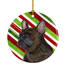 Load image into Gallery viewer, French Bulldog Candy Cane Holiday Christmas Ornament - Round Ceramic Ornament – Artist-Designed Keepsake Decoration SS4588