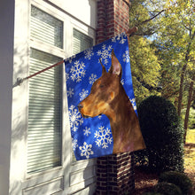 Load image into Gallery viewer, Doberman Winter Snowflakes Holiday Flag Canvas House Size