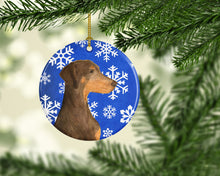 Load image into Gallery viewer, Doberman Winter Snowflakes Holiday Christmas Ornament - Round Ceramic Ornament – Artist-Designed Keepsake Decoration SS4617