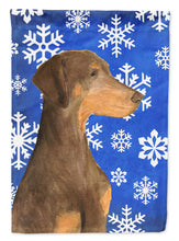 Load image into Gallery viewer, Doberman Winter Snowflakes Holiday Garden Flag – Decorative Outdoor Yard Flag