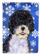 Load image into Gallery viewer, Portuguese Water Dog Winter Snowflakes Holiday Flag Canvas House Size