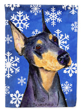 Load image into Gallery viewer, Doberman Winter Snowflakes Holiday Garden Flag – Decorative Outdoor Yard Flag