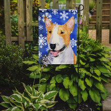 Load image into Gallery viewer, Bull Terrier Winter Snowflakes Holiday Garden Flag – Decorative Outdoor Yard Flag