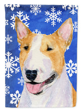 Load image into Gallery viewer, Bull Terrier Winter Snowflakes Holiday Garden Flag – Decorative Outdoor Yard Flag