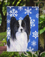 Load image into Gallery viewer, Papillon Winter Snowflakes Holiday Garden Flag – Decorative Outdoor Yard Flag