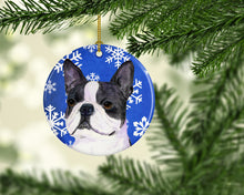 Load image into Gallery viewer, Boston Terrier Winter Snowflakes Holiday Christmas Ornament - Round Ceramic Ornament – Artist-Designed Keepsake Decoration SS4654
