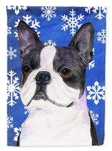Load image into Gallery viewer, Boston Terrier Winter Snowflakes Holiday Garden Flag – Decorative Outdoor Yard Flag