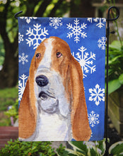 Load image into Gallery viewer, Basset Hound Winter Snowflakes Holiday Garden Flag – Decorative Outdoor Yard Flag