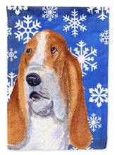 Load image into Gallery viewer, Basset Hound Winter Snowflakes Holiday Garden Flag – Decorative Outdoor Yard Flag