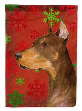 Load image into Gallery viewer, Doberman Red and Green Snowflakes Holiday Christmas Flag Canvas House Size