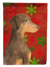 Load image into Gallery viewer, Doberman Red and Green Snowflakes Holiday Christmas Flag Canvas House Size