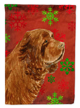 Load image into Gallery viewer, Sussex Spaniel Red Green Snowflake Holiday Christmas Garden Flag – Decorative Outdoor Yard Flag