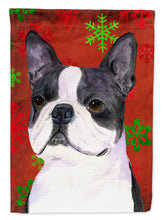 Load image into Gallery viewer, Boston Terrier Red  Green Snowflakes Holiday Christmas Flag Canvas House Size