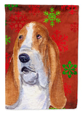 Load image into Gallery viewer, Basset Hound Red and Green Snowflakes Holiday Christmas Garden Flag – Decorative Outdoor Yard Flag
