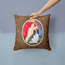 Load image into Gallery viewer, Lady with her Papillon Throw Pillow - 14x14 Decorative Pillow – Art for Your Home &amp; Patio
